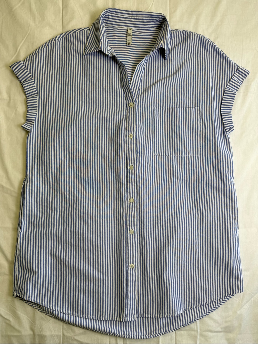 Zara TRF Women's L Blue White Striped Button-Up Collared Short Sleeve Top